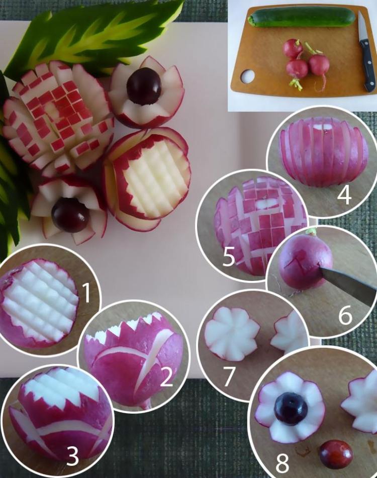 Vyrobte si krásne kvety z reďkovky sami Pokyny na kyticu reďkovky zo zeleniny