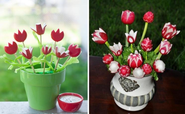 Z reďkovky vydlabte tulipány a ruže Kytica reďkoviek zo zeleniny