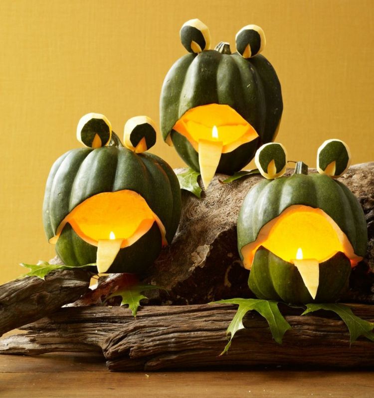 Vyrežte z tekvíc vtipné žaby vyrezávanie zeleninových žiab vtipná tekvicová zelená sviečka