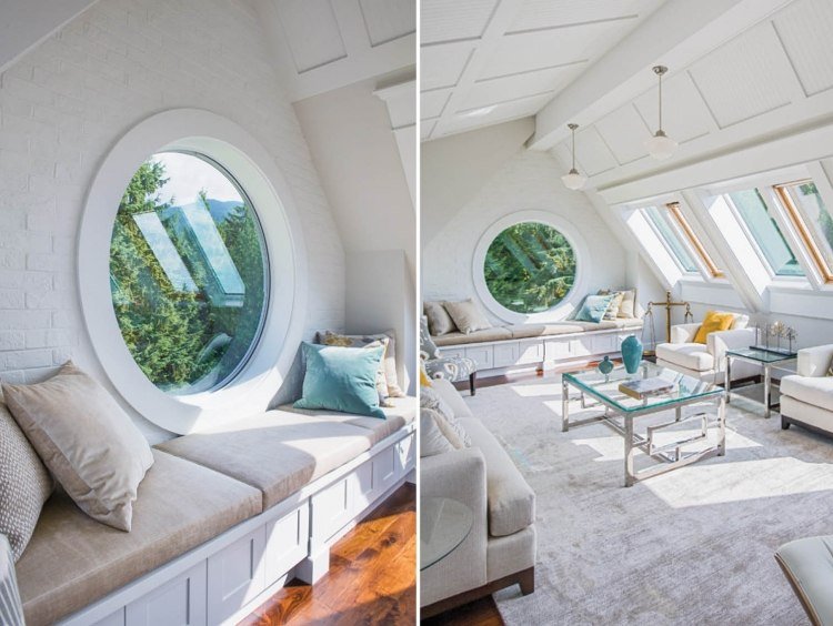 okrúhle okno a pohodlná lavica zospodu v podkrovnom byte lavica-okno-na čítanie-rohový-zostava-okrúhle-okno-biele-svetlé-podkrovie