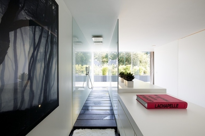 puristická bezbariérová a dažďová sprcha so sklenenou priečkou walk-in-sprchovací-puristický-sklenené-deliace-steny-podlahy-drevo-otvorená-izba design