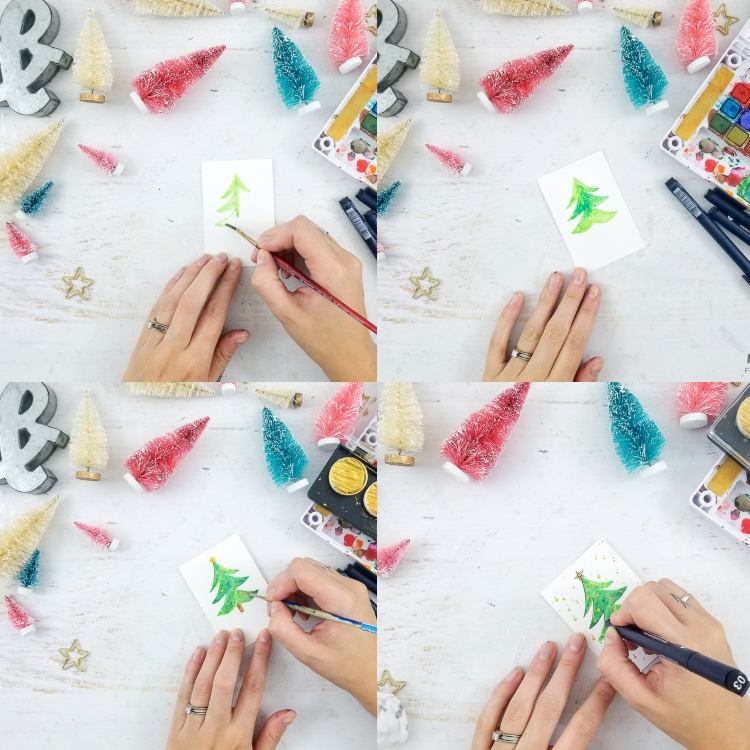 Vymaľujte si štítky na darčeky sami. Nakreslite vianočný stromček krok za krokom akvarelovou technikou