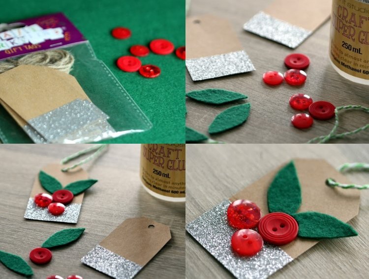 Menovky na darčeky vytvárajú nápady pomocou plsti a tlačidiel