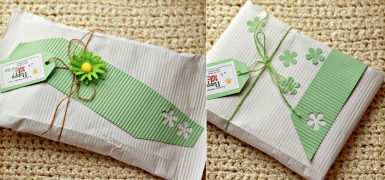 Nápad na balenie v mätovo zelenej a bielej farbe s kvetmi drotár darčekové balenie motívy kvetov biela mäta zelený papier