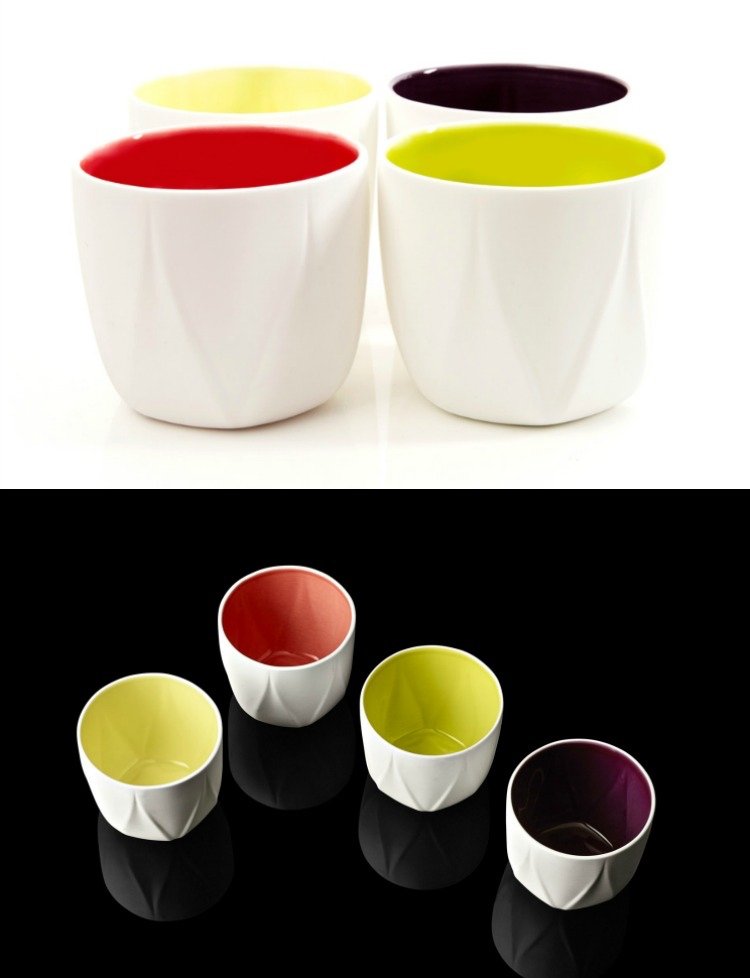 Sada riadu z bielych pohárov bez držadiel s farebným vnútrom Sada riadu -zaha-hadid-porcelánové šálky-bielej farby