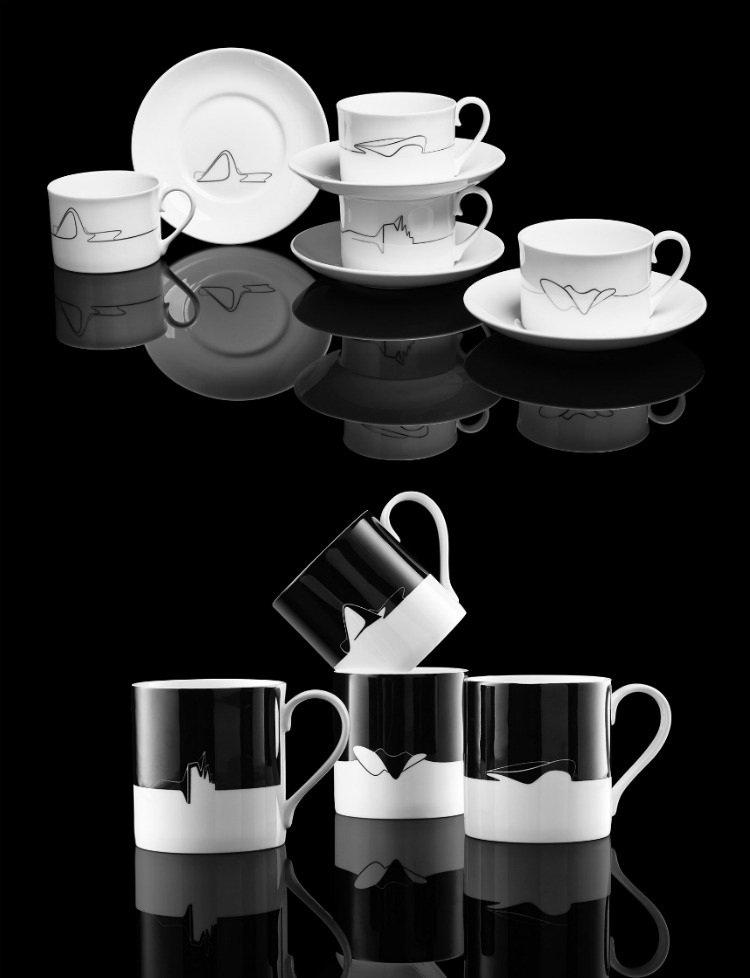 Kávový set inšpirovaný architektonickými dielami Zahy Hadid sada riadu-zaha-hadid-porcelán-čaj-kávové šálky-čierno-biele