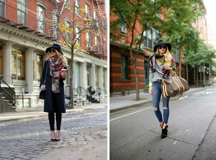 Dámske rifle alebo čierne treggings so vzorom šatiek a geometrickými postavami veľký-šál-nápady-károvaná látka