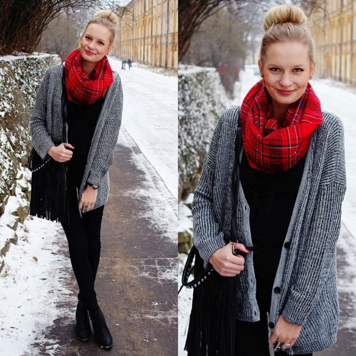 červený šál károvaný s dlhým svetrom oversized svetrová šatka z károvanej látky