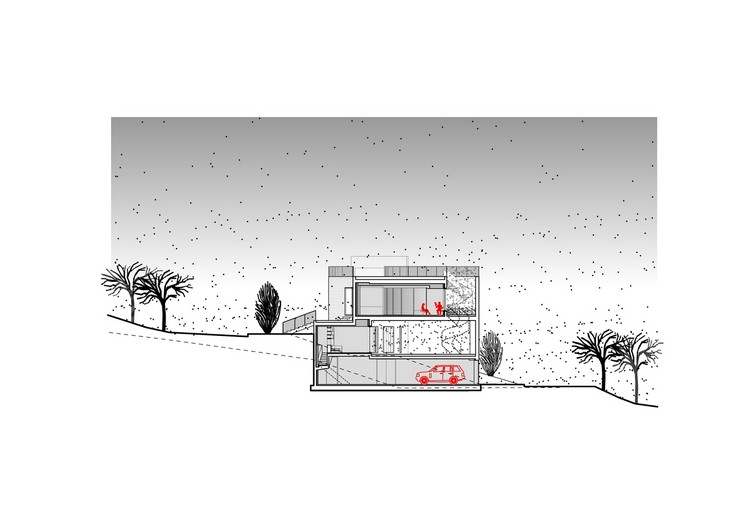 zakrivený dom rozrezaný na sever na juh