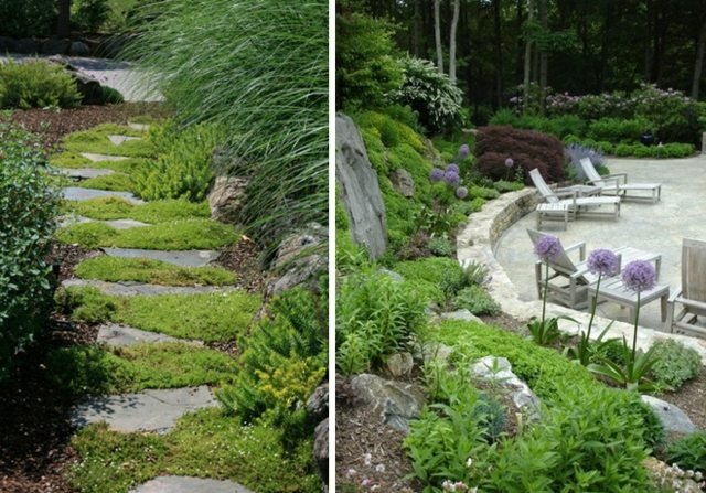 Nápady na záhradu kamenná cesta machové terasy Machová terasa Steinweg navrhla opornú stenu