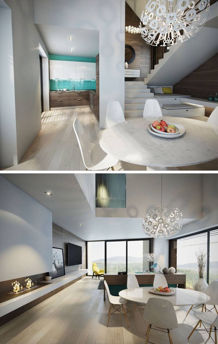 obývacia časť-otvorená-biela-drevo-kuchyňa-tvar L