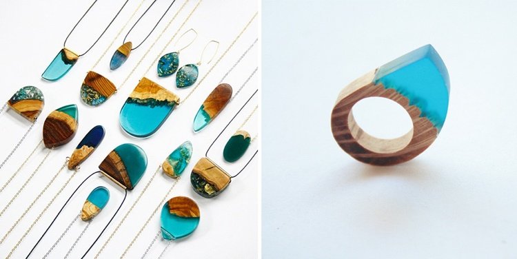 Šperky z liatej živice je možné kombinovať s rôznymi materiálmi Šperky z liatej živice-urob si sám-návod-drevo-modrá-tyrkysová-umenie