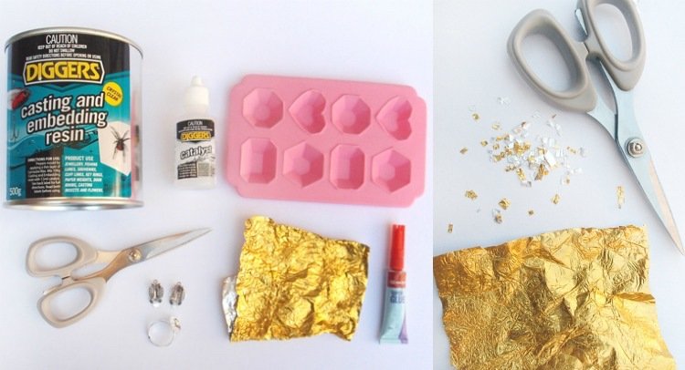 originálne šperky z epoxidovej živice so zlatými efektmi Odliatok-živica-šperky-urob si sám-návod-zlato-list-epoxidová živica