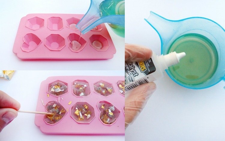 Do odlievacej živice nalejte lesk alebo kúsky lístka zlata Odliatky-živice-šperky-urob si sám-návod-efekty-zlatého listu