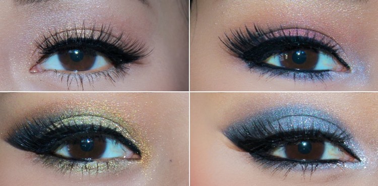 líčenie očí-hnedé-očné tiene-ružovo-modro-zlaté-očné linky