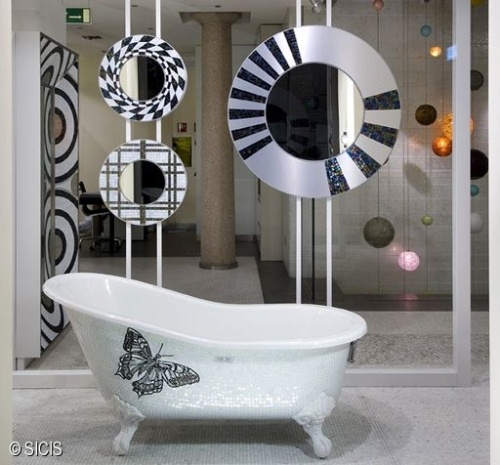 Sklenená vaňa sicis vaňový motýľ Sklenená mozaika sicis vaňa motýľové okrúhle zrkadlo