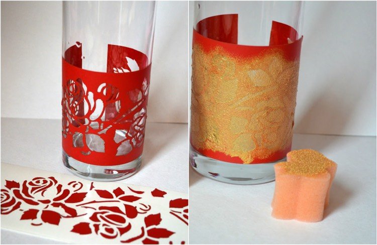 Nápady na maľovanie na sklo-motív šablóny-palica na špongiu-kvapka ruže