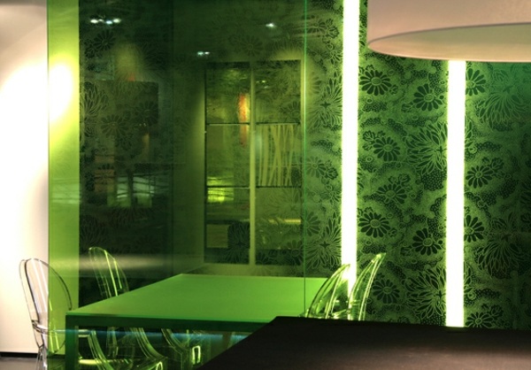 Sklenený nábytok zelená kuchyňa