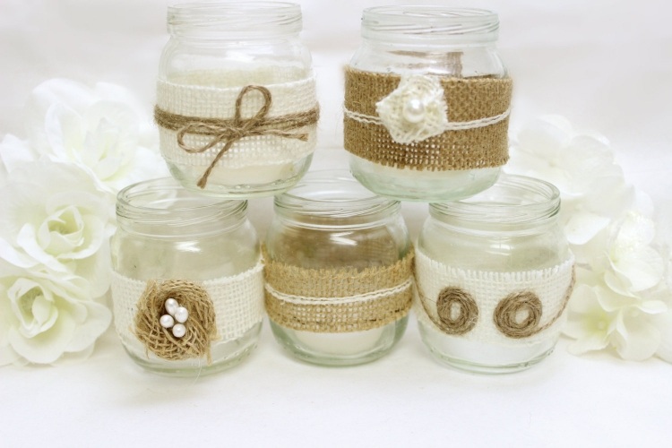 sklenená držiak na čajovú sviečku-ošarpaná-šik-jutová stuha