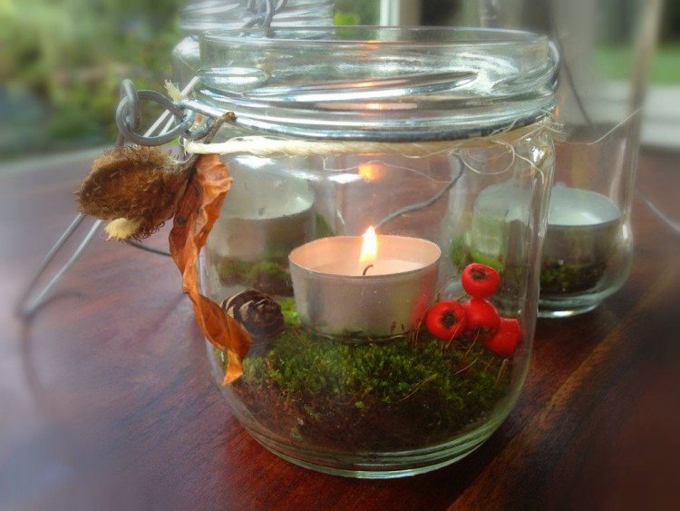 sklenený-držiak na čajovú sviečku-jeseň-mach-murárska nádoba-mach