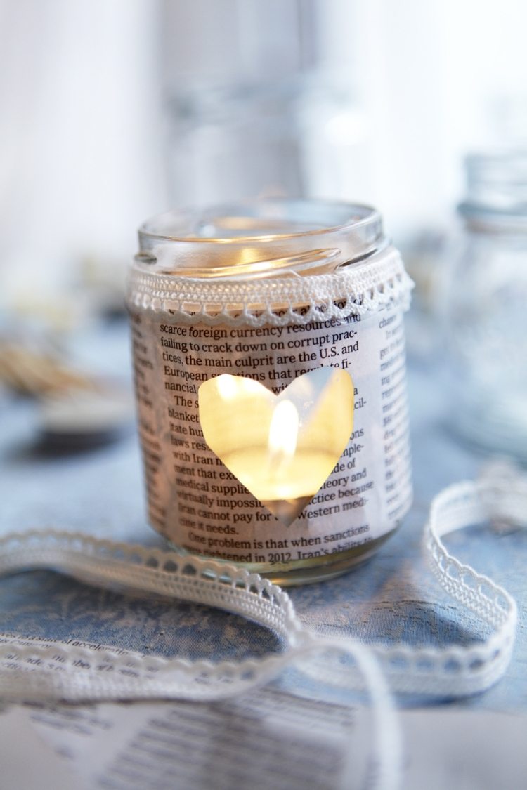 sklenený-držiak na čajovú sviečku-urob si sám-drotár-tip-novinový papier-výrez srdca