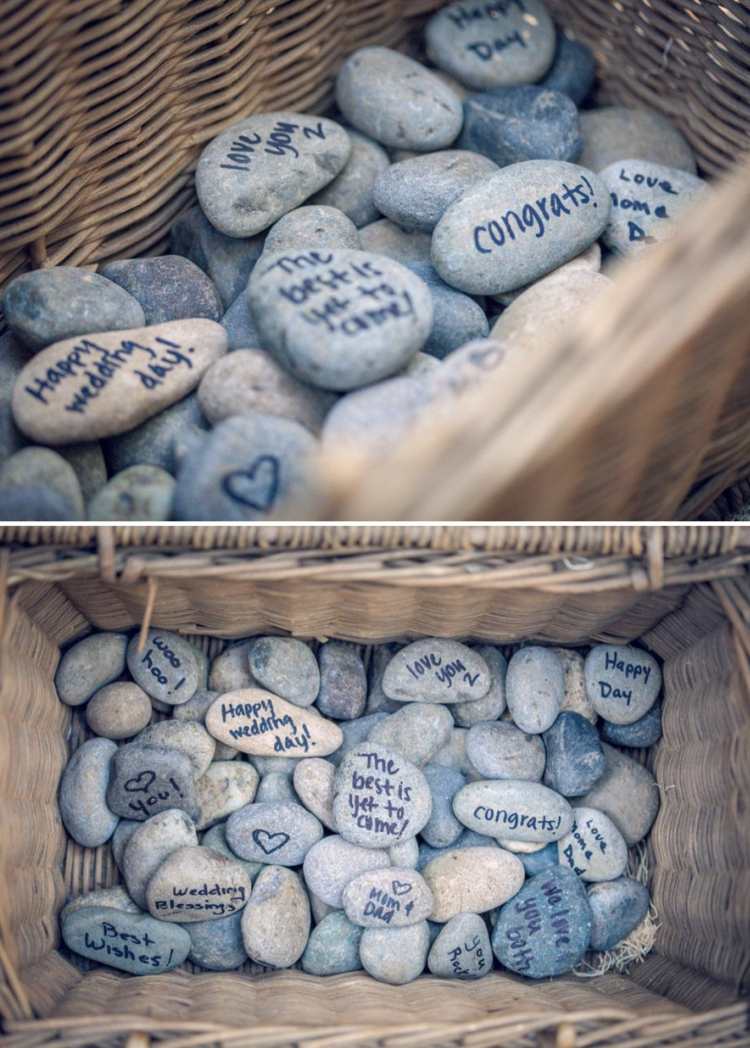 Kamene v košíku na svadobnej hostine - priania hostí pre nevestu a ženícha