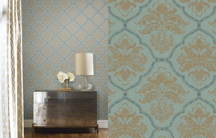 zlatá tapeta-moderná-modrá-baroková-vzor-komoda-zrkadlový-povrch