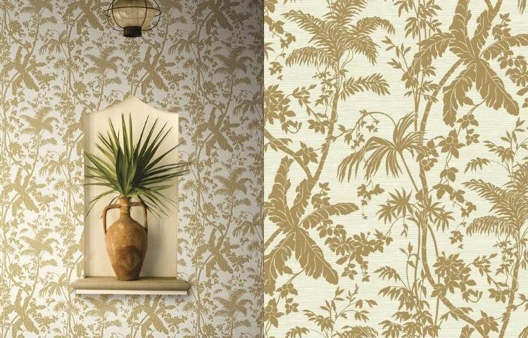 zlatá tapeta-moderná-exotická-vzor-palmy-výklenok-dekorácia-džbán