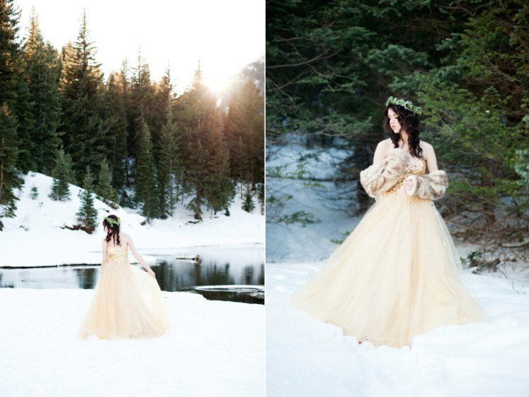 zlaté svadobné šaty zimné svadobné off kožušinové bolero