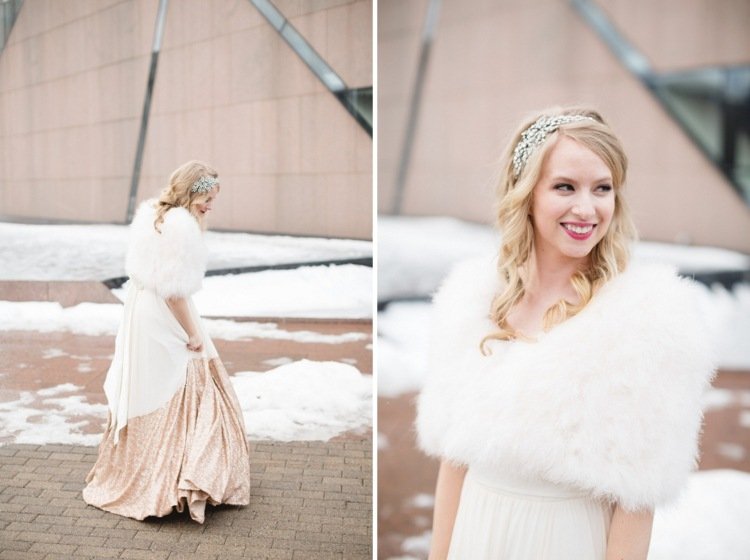 zlaté svadobné šaty zimné svadobné kožušinové bolerko čelenka vinobranie