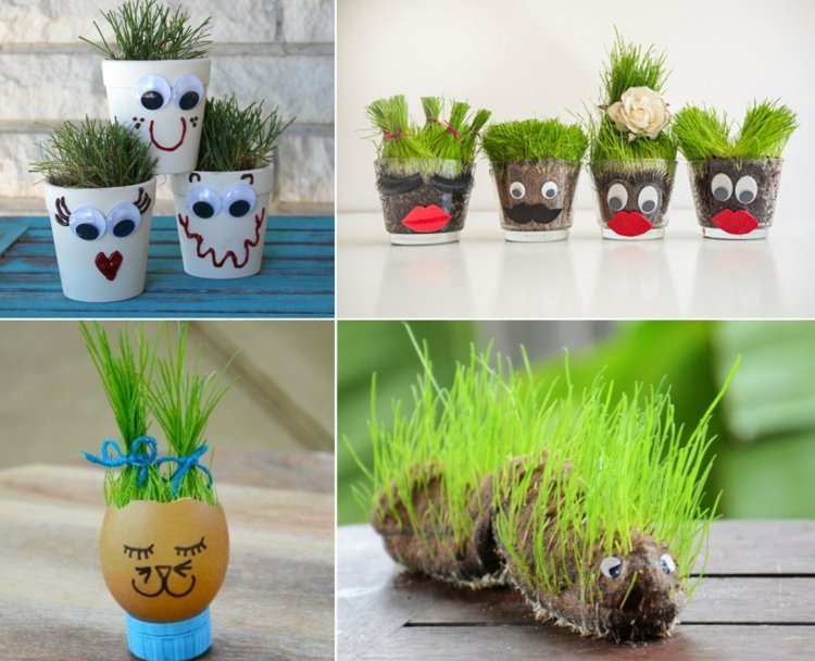 Vyrobte si trávovú hlavu v kvetináči - urobte z trávy účesy a vymaľujte kvetináče