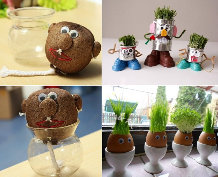 Pestujte trávu, žeruchu alebo iné sadenice v plechovke alebo vo vaječných škrupinách