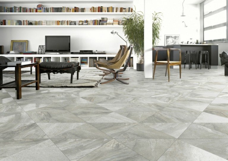 dlažba sivý trojuholník tvar moderný nápad obývačka kuchyňa