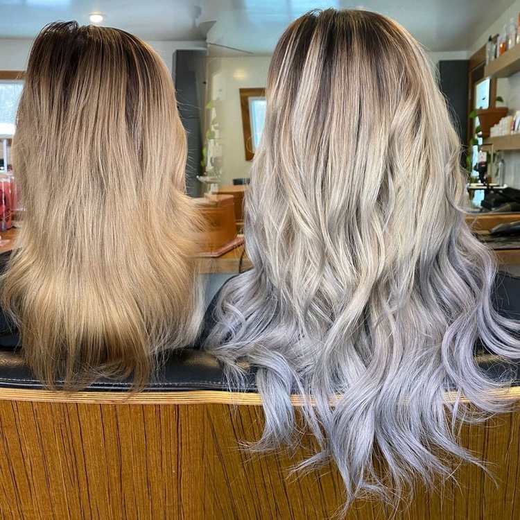 ombre šedá blond s predlžovaním vlasov
