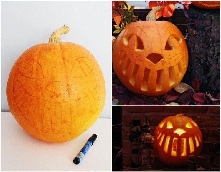 Vnútri halloweenska vyrezávaná čajová sviečka z cheshire mačky