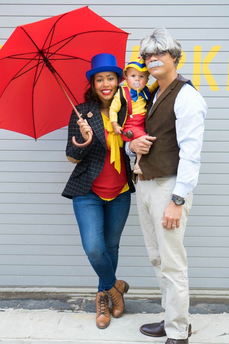 skupinové kostýmy na karnevalovú rodinnú-pinocchio-jiminy-gepetto-filmovú tému