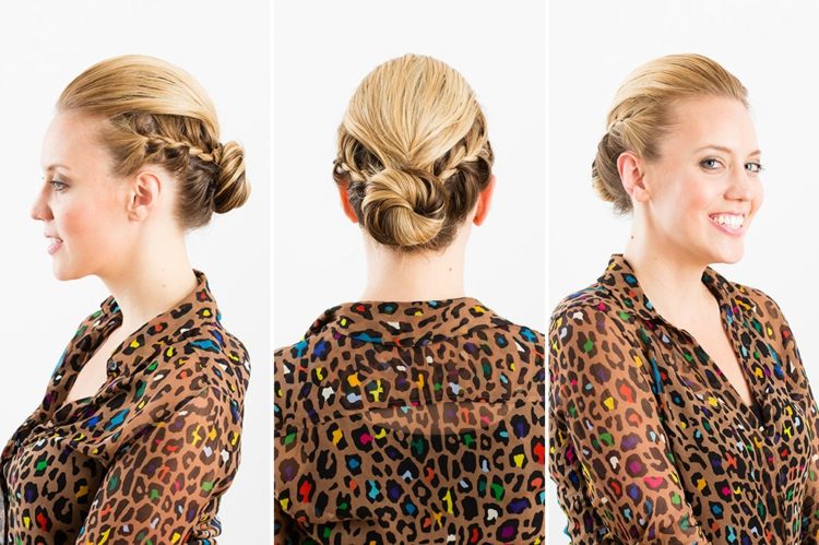 Účes je vhodný pre každodenný život a špeciálne príležitosti zapletanie vlasov strana spletené vlasy drdol elegantné dámy ofina hladká