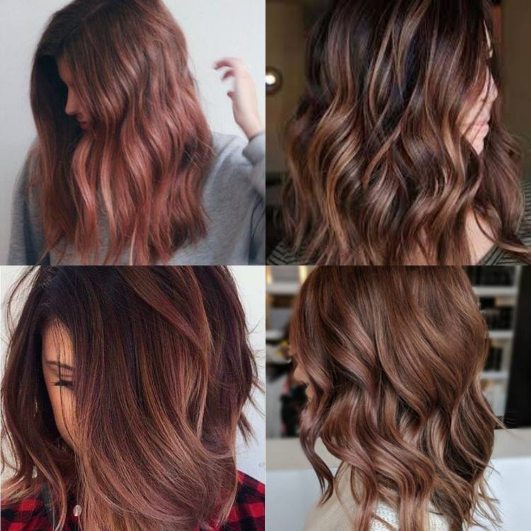 Ružové hnedé pokyny na farbenie tmavých vlasov pre účesy brunetiek