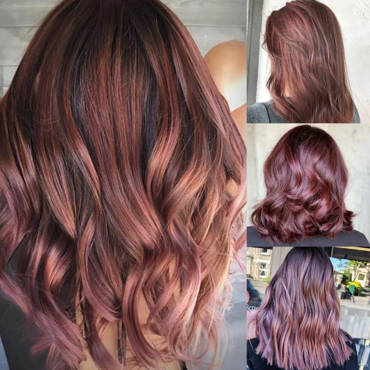 Ružová hnedá farba vlasov fialová ombre balayage zvýrazňuje účesy brunetiek