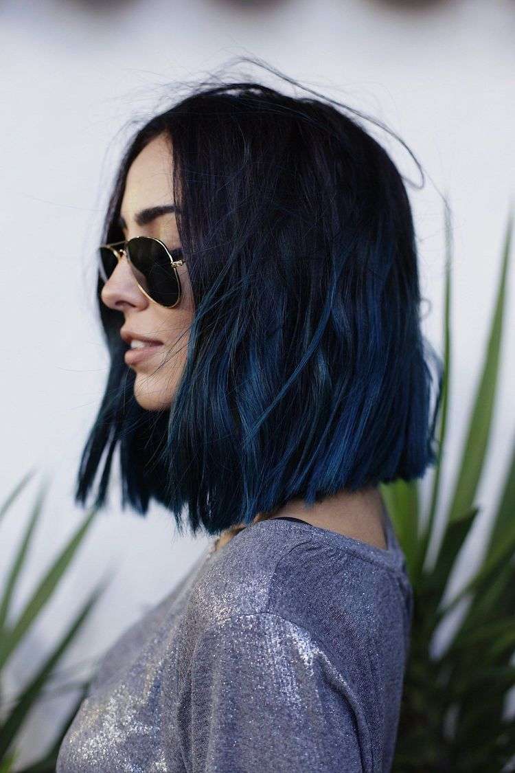 Čierne modré vlasy v ombre vzhľad dlhé bob účesy štýly trendy vlasy ženy