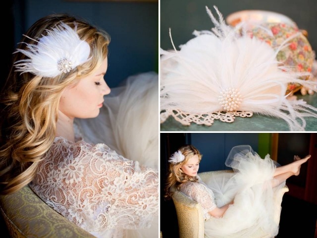 Látkový kvet zdobený perím - elegantný doplnok pre modernú nevestu Extravagantné-vlasové doplnky-svadba-manželstvo-fascinátor-vinobranie-perie