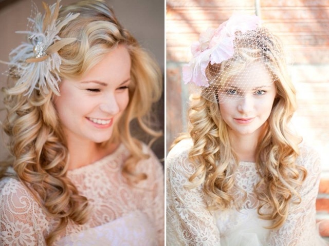 Nápady na svadobné účesy-dlhé vlasy, romanticky natočené vlasy, doplnky s perím Kudrnaté vlasy-otvorené-svadobné-účesy-sieť-bohémsky-štýl-vintage-doplnky-kvetinové perie