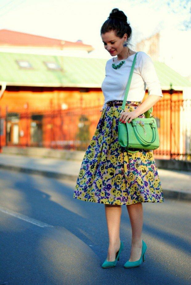 Prineste dobrú náladu s farebnou sukňou vyrobenou z kvetinových motívov kvety farebné blúzkové motívy dámska zelená kabelka