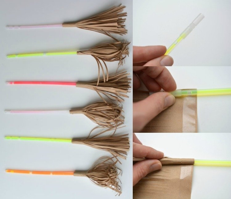 Ozdobte svetelné slamky ako metly čarodejníc atmosférickým spôsobom halloween-drotár-papier-návod-čarodejnica-metla-žiariace-slamky