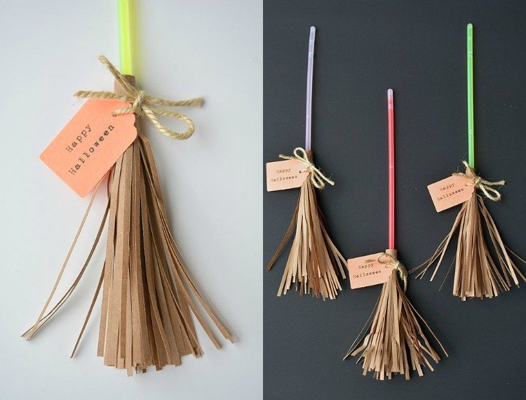 Tinker čarodejnícka metla na Halloween halloween-drotár-papier-návod-čarodejnica-metla-hnedý-papier-žiariace slamky