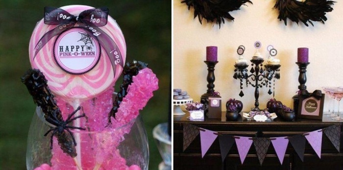 nápady-halloween-svadobná sprcha-dekorácia-jedla-rímsa-svietnik-čierna-fialová