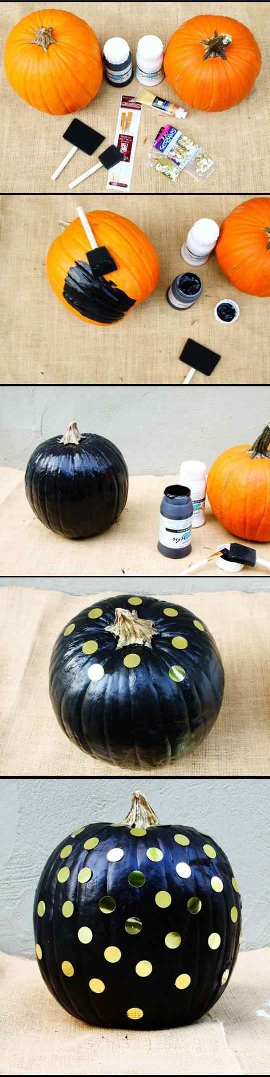 diy návody tekvica maľované čiernymi bodkovanými nálepkami diy-halloween-dekorácia-návod-tekvica-čierno-bodkované