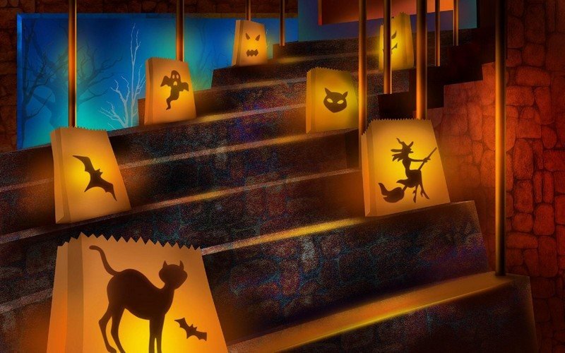 Strašidelná halloweenska dekorácia - papierový lampáš so siluetami mačiek Halloweenske dekorácie-papierová lampa-mačka-čarodejnica