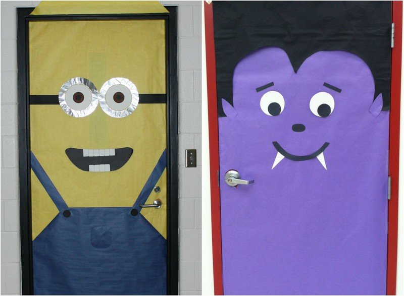 Prisluhovač a upír ako dekorácia dverí na Halloween halloween-dvere-dekorácia-nápady-prisluhovač-purpurový-upír