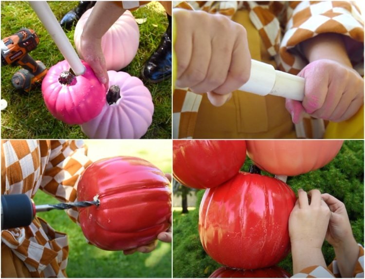 Vŕtajte polystyrénové tekvice a pripevnite ich k rúrke z PVC